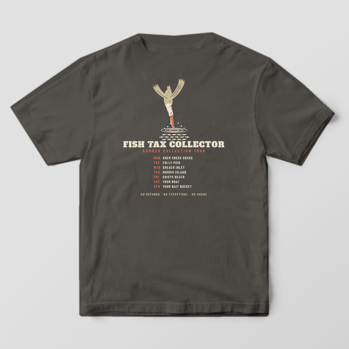 Back of a pepper Comfort Colors 1717 tee with a pelican diving into a bait ball over a weekly tour schedule