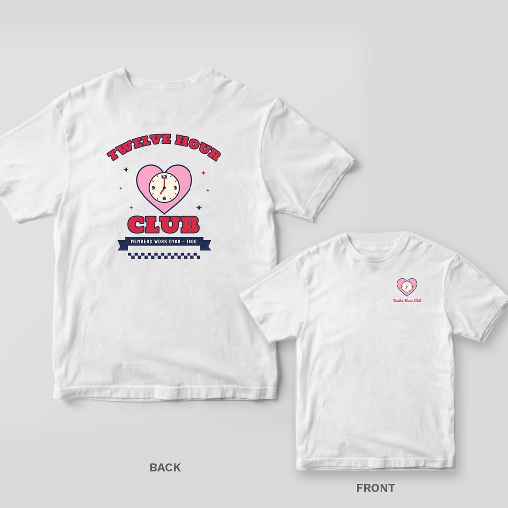 White Comfort Colors tee shown back and front: varsity Twelve Hour Club heart clock back print and a small heart clock on the left chest