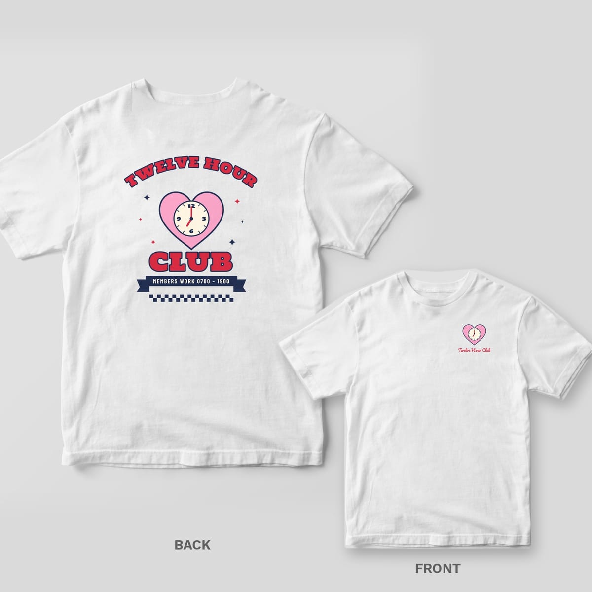 White Comfort Colors tee shown back and front: varsity Twelve Hour Club heart clock back print and a small heart clock on the left chest