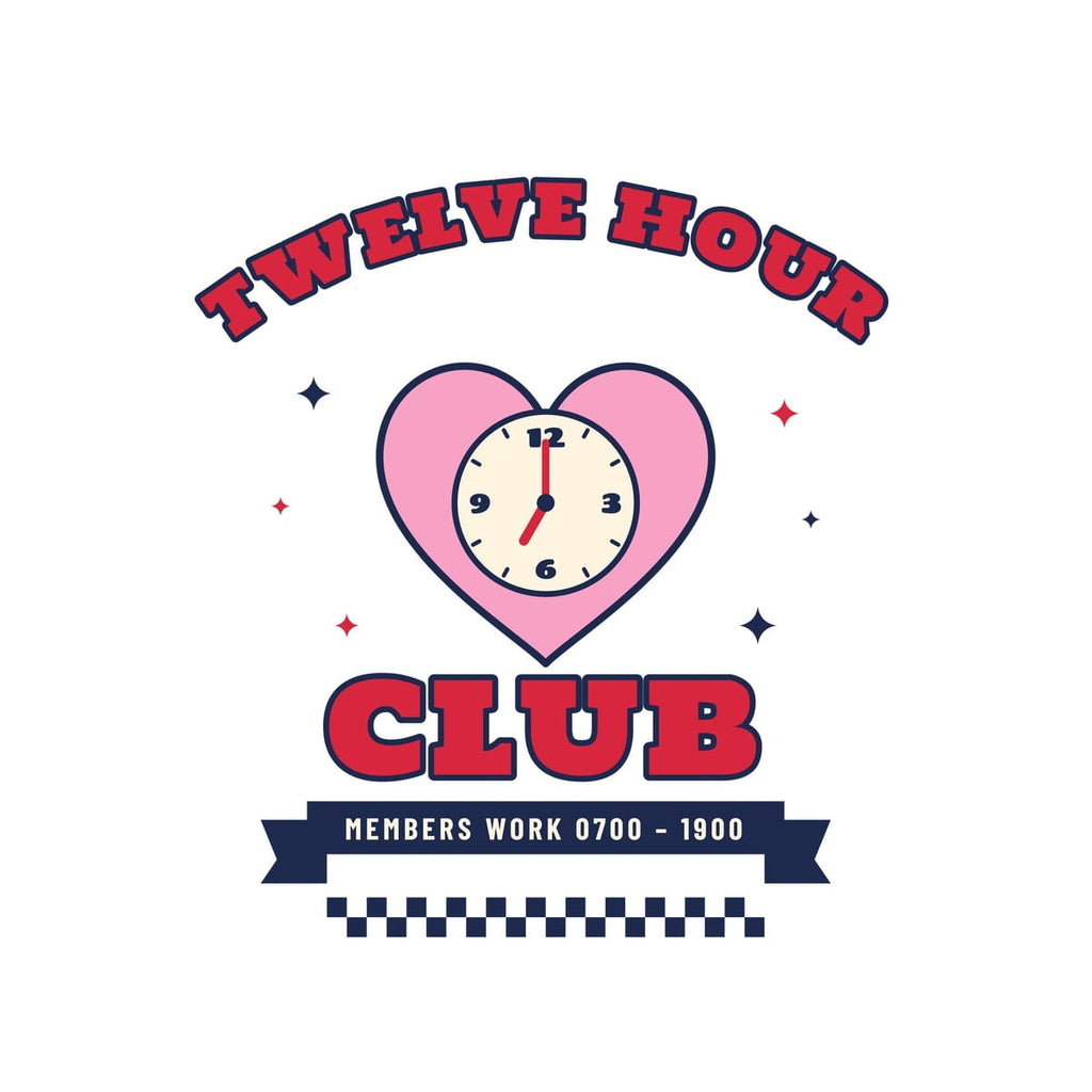 Close-up of the Twelve Hour Club back print: red varsity lettering, pink heart with a clock at 7, navy banner and checkerboard