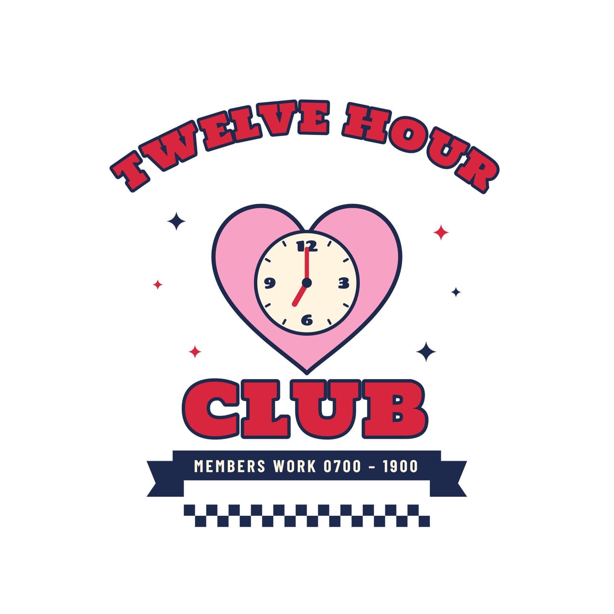Close-up of the Twelve Hour Club back print: red varsity lettering, pink heart with a clock at 7, navy banner and checkerboard