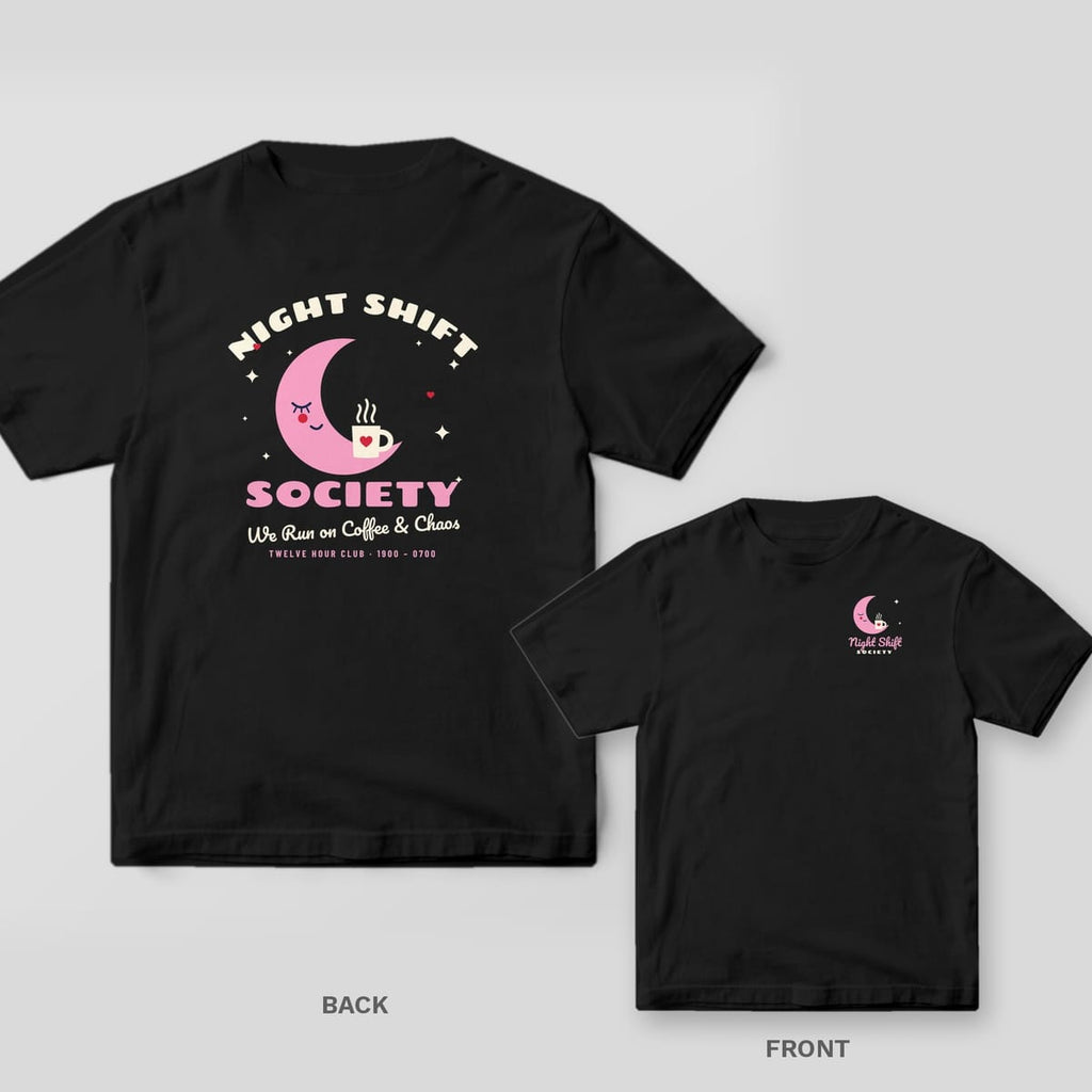 Black Comfort Colors tee shown back and front: Night Shift Society moon and coffee back print and a small moon on the left chest