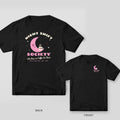 Black Comfort Colors tee shown back and front: Night Shift Society moon and coffee back print and a small moon on the left chest