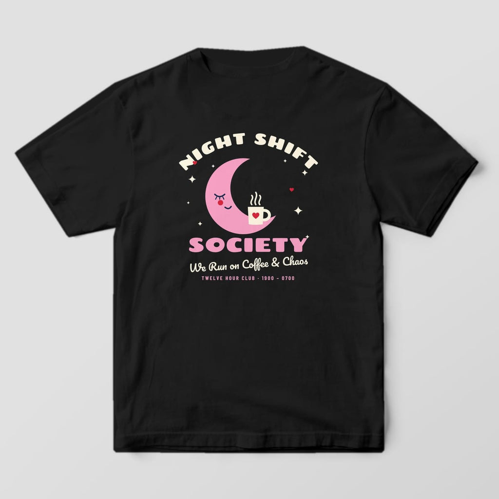 Back of a black Comfort Colors 1717 tee with a pink sleepy crescent moon holding coffee under Night Shift Society lettering