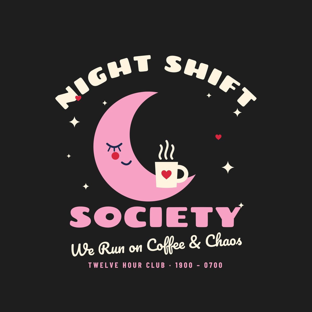Close-up of the Night Shift Society back print: pink crescent moon, cream mug with a red heart and script tagline