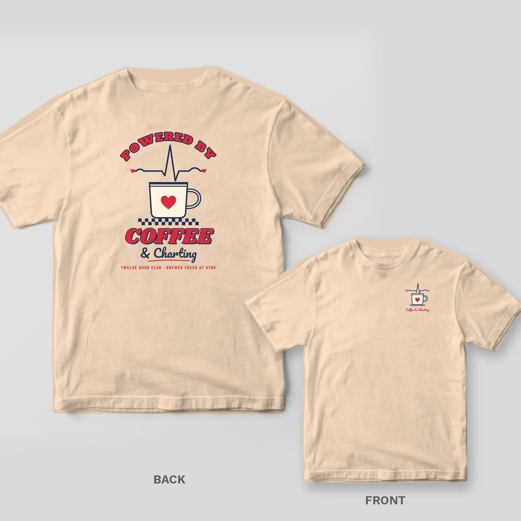 Ivory Comfort Colors tee shown back and front: Powered by Coffee and Charting mug and EKG back print and a small mug on the left chest