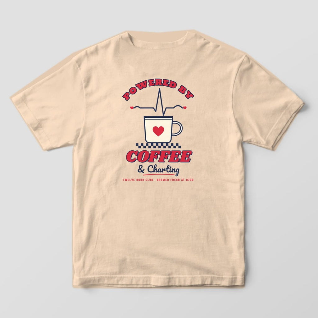 Back of an ivory Comfort Colors 1717 tee with a diner coffee mug, a heartbeat line for steam and Powered by Coffee & Charting lettering