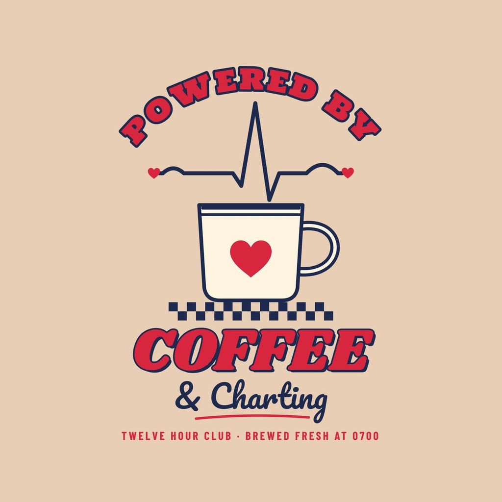 Close-up of the back print: red and navy Powered By arch, EKG trace, cream mug with a red heart and Coffee & Charting type