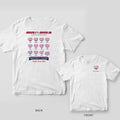 White Comfort Colors tee shown back and front: grid of twelve increasingly tired heart faces on the back and a smiling heart on the left chest