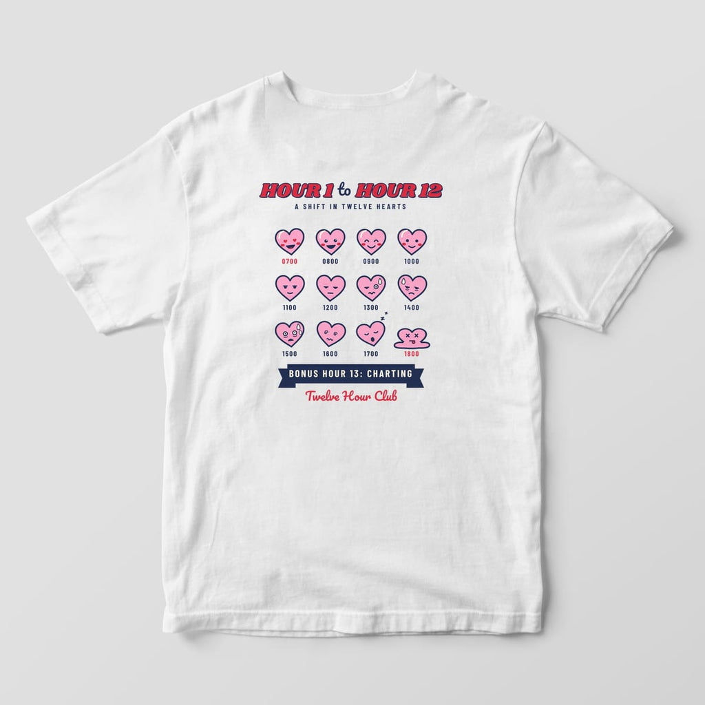 Back of a white Comfort Colors 1717 tee with twelve pink heart faces from 0700 to 1800 getting more tired, under Hour 1 to Hour 12