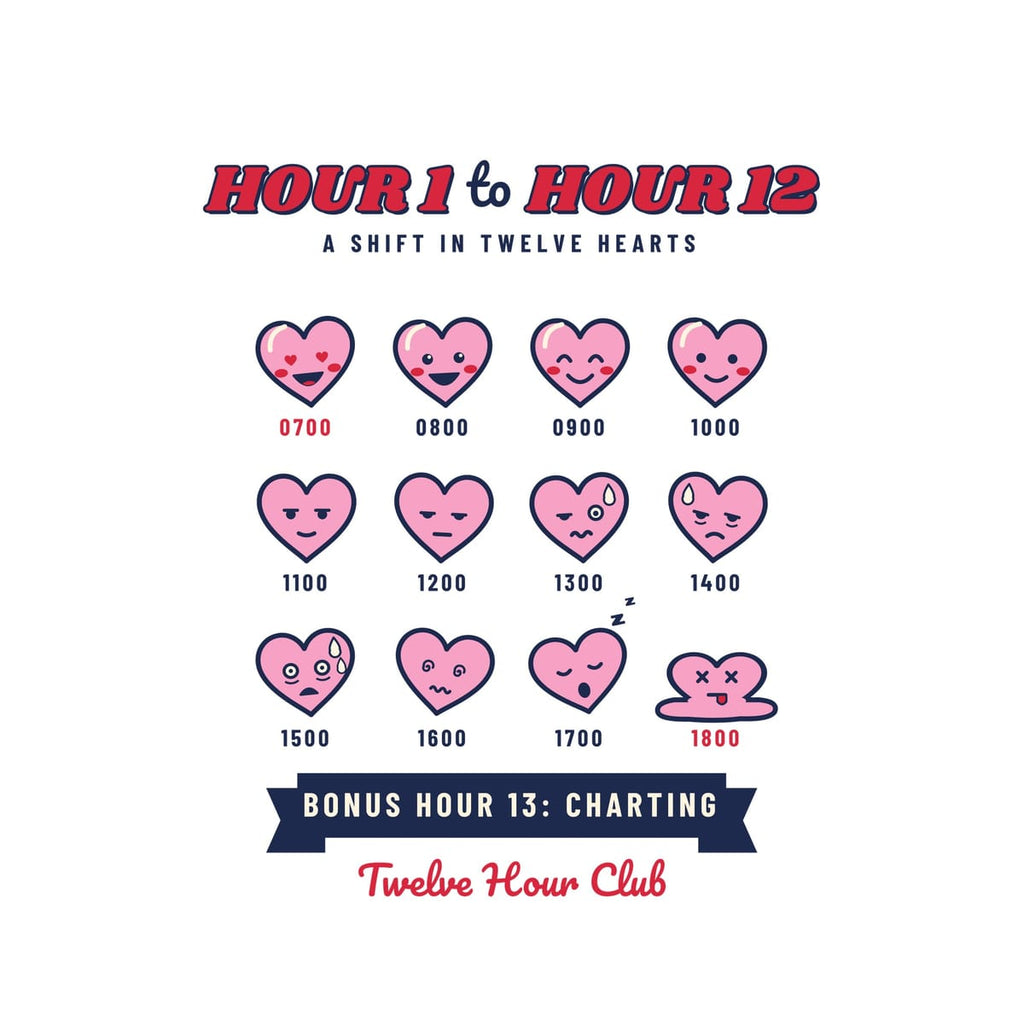 Close-up of the twelve heart faces, from heart-eyes at 0700 to a melted heart at 1800, and the Bonus Hour 13: Charting banner