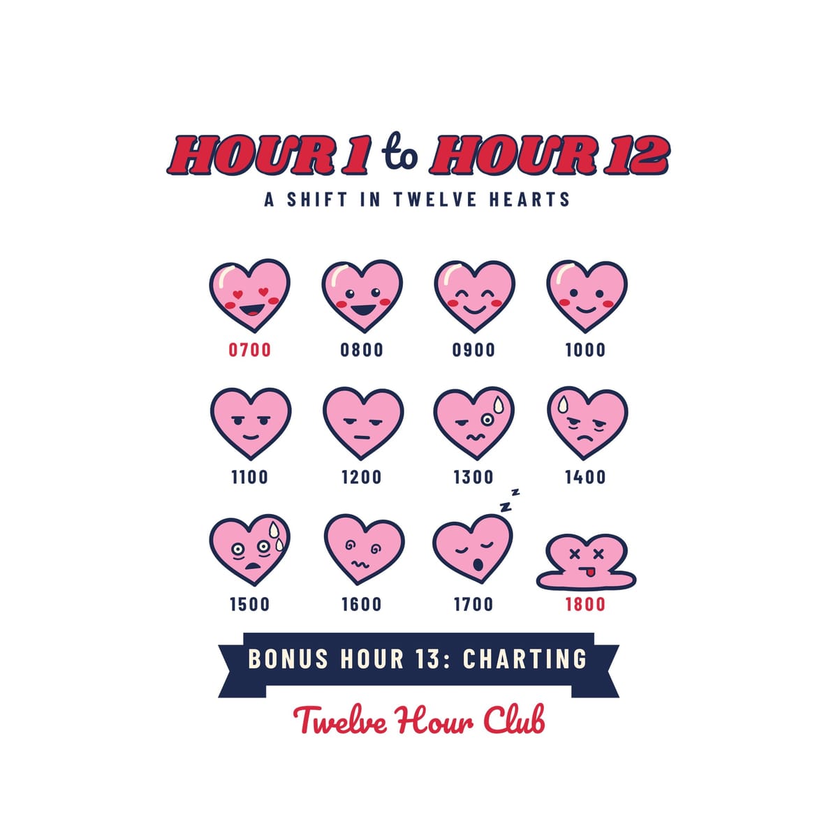 Close-up of the twelve heart faces, from heart-eyes at 0700 to a melted heart at 1800, and the Bonus Hour 13: Charting banner