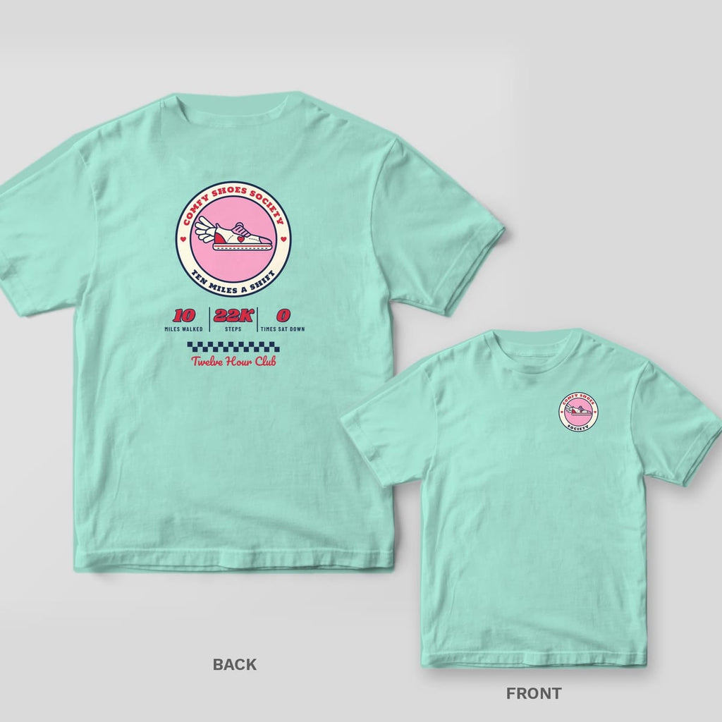 Chalky mint Comfort Colors tee shown back and front: winged sneaker Comfy Shoes Society badge on the back and a small badge on the left chest