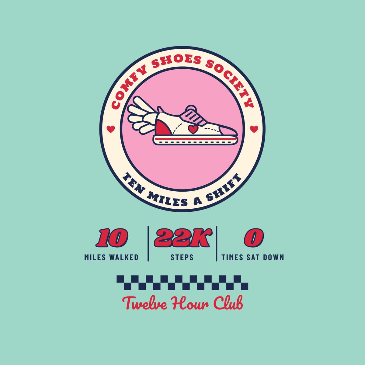 Close-up of the badge: cream sneaker with red heel and heart, feathered wing, ring text and 10 / 22K / 0 stats