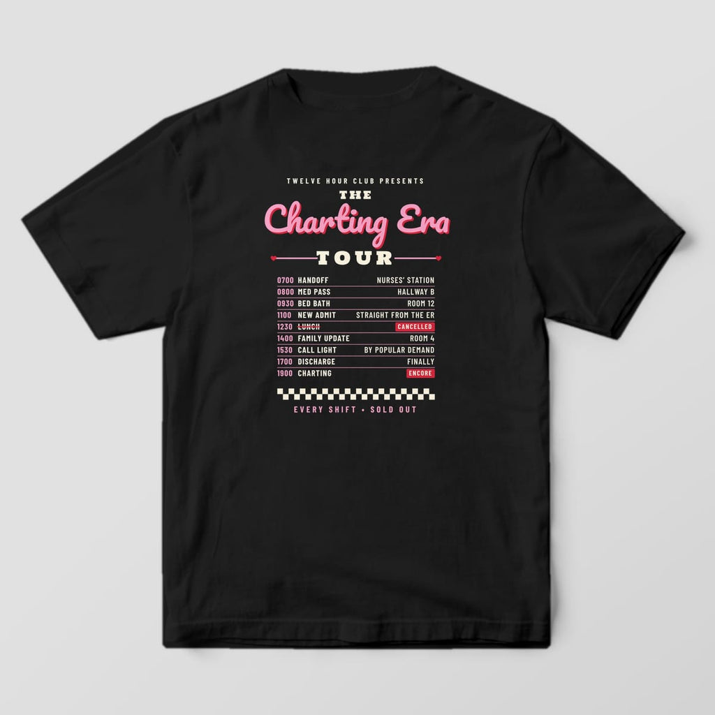 Back of a black Comfort Colors 1717 tee with pink Charting Era Tour script over a list of shift tour dates from 0700 to 1900