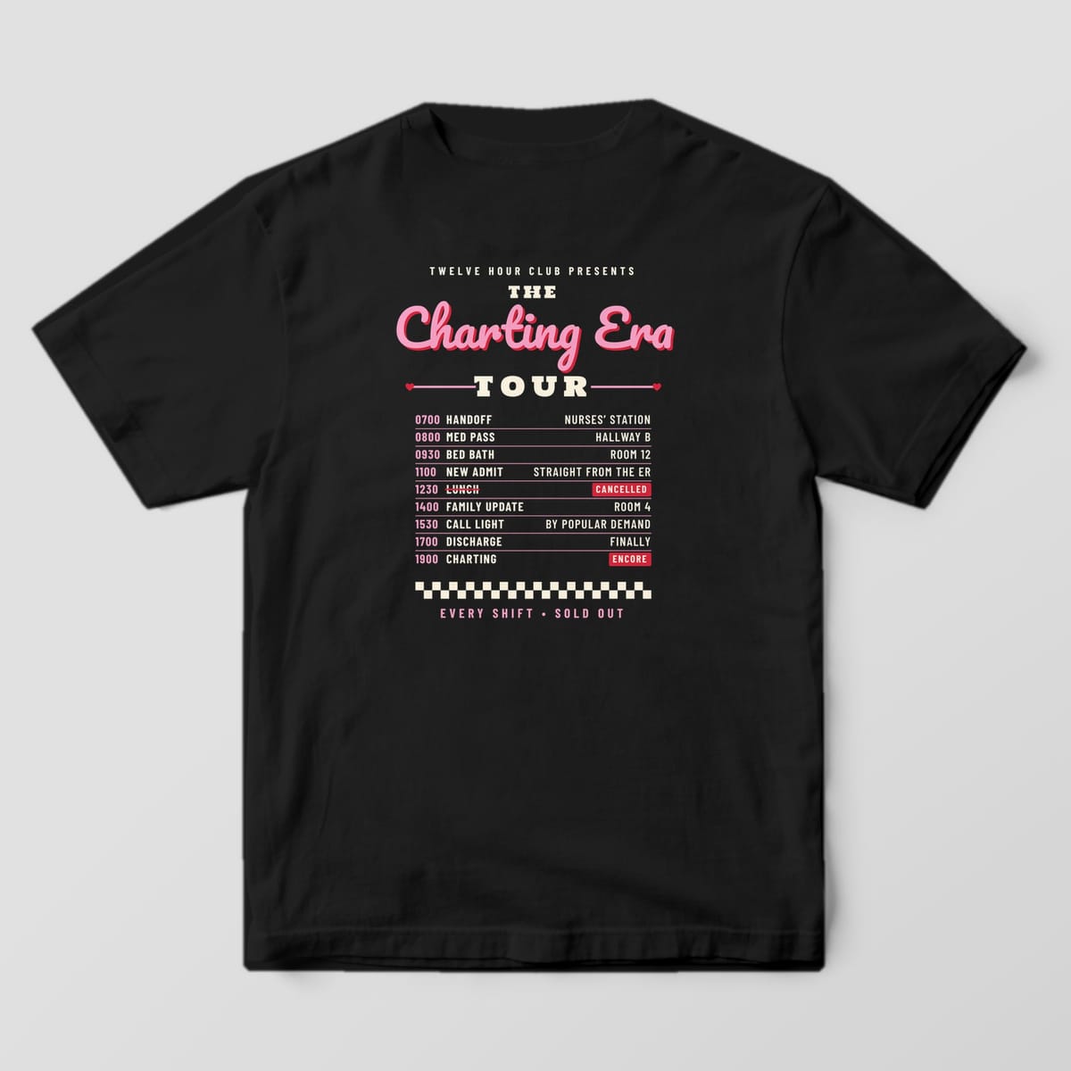 Back of a black Comfort Colors 1717 tee with pink Charting Era Tour script over a list of shift tour dates from 0700 to 1900