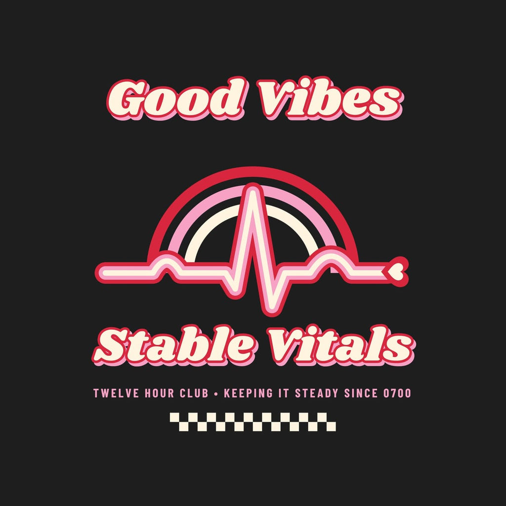 Close-up of the groovy cream lettering with red outlines and the red, pink and cream EKG ribbon over a rainbow