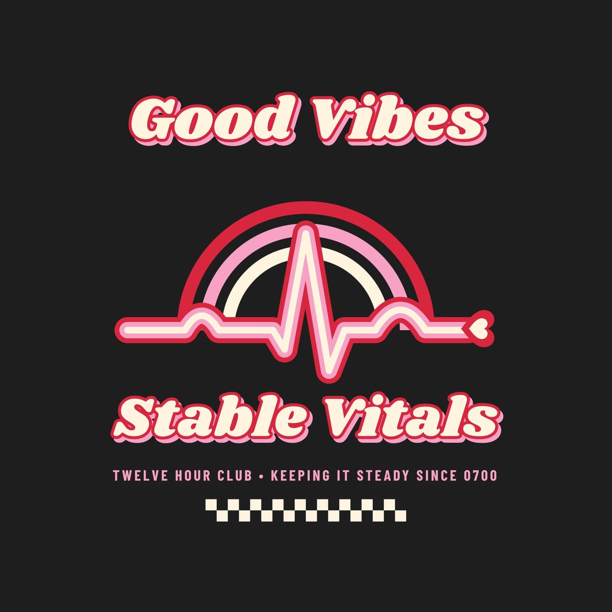 Close-up of the groovy cream lettering with red outlines and the red, pink and cream EKG ribbon over a rainbow