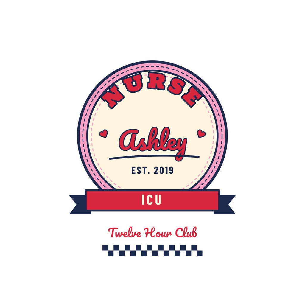 Close-up of the patch with pink stitched border, red NURSE arch, sample name Ashley in script and a red unit banner