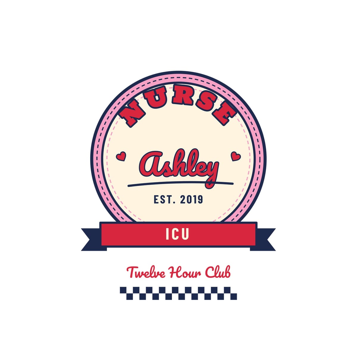 Close-up of the patch with pink stitched border, red NURSE arch, sample name Ashley in script and a red unit banner