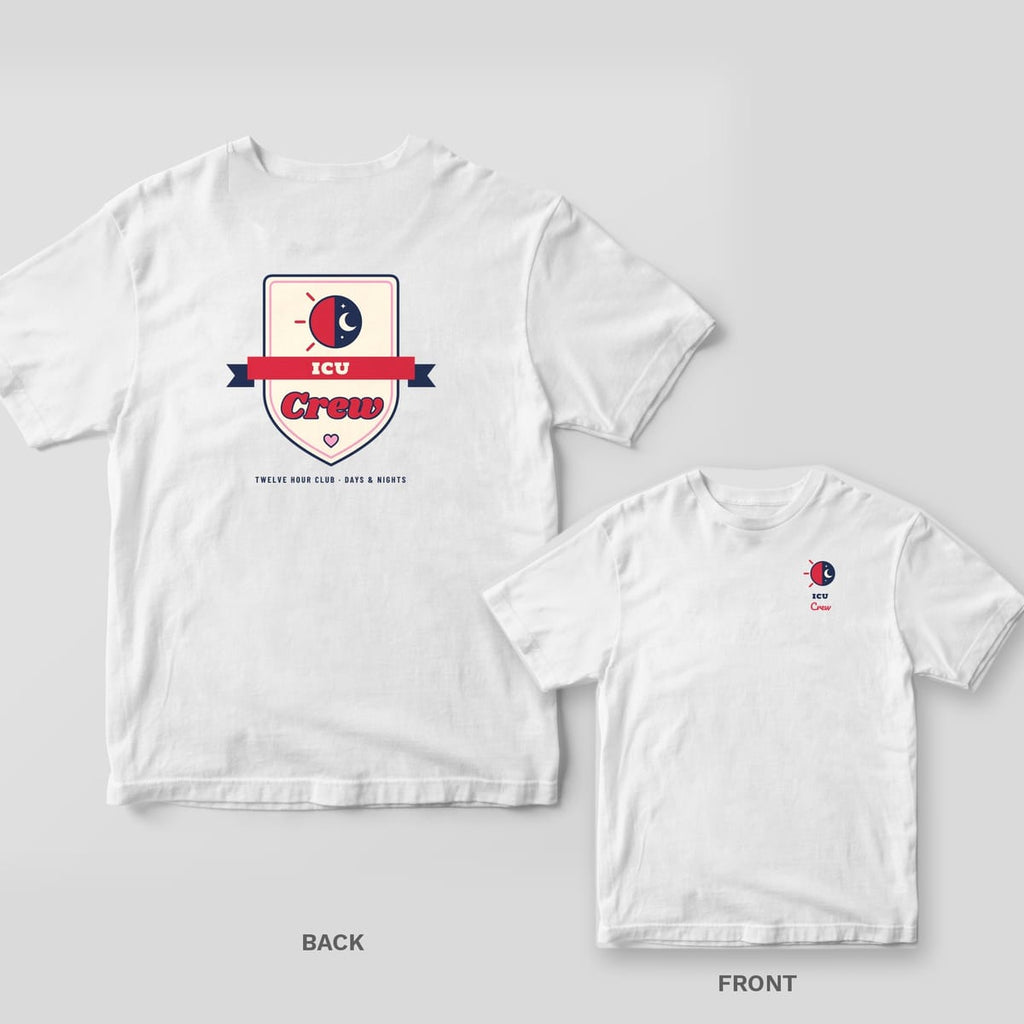 White T-shirt back with a cream shield crest reading ICU Crew on a red banner, plus a small matching chest print on the front