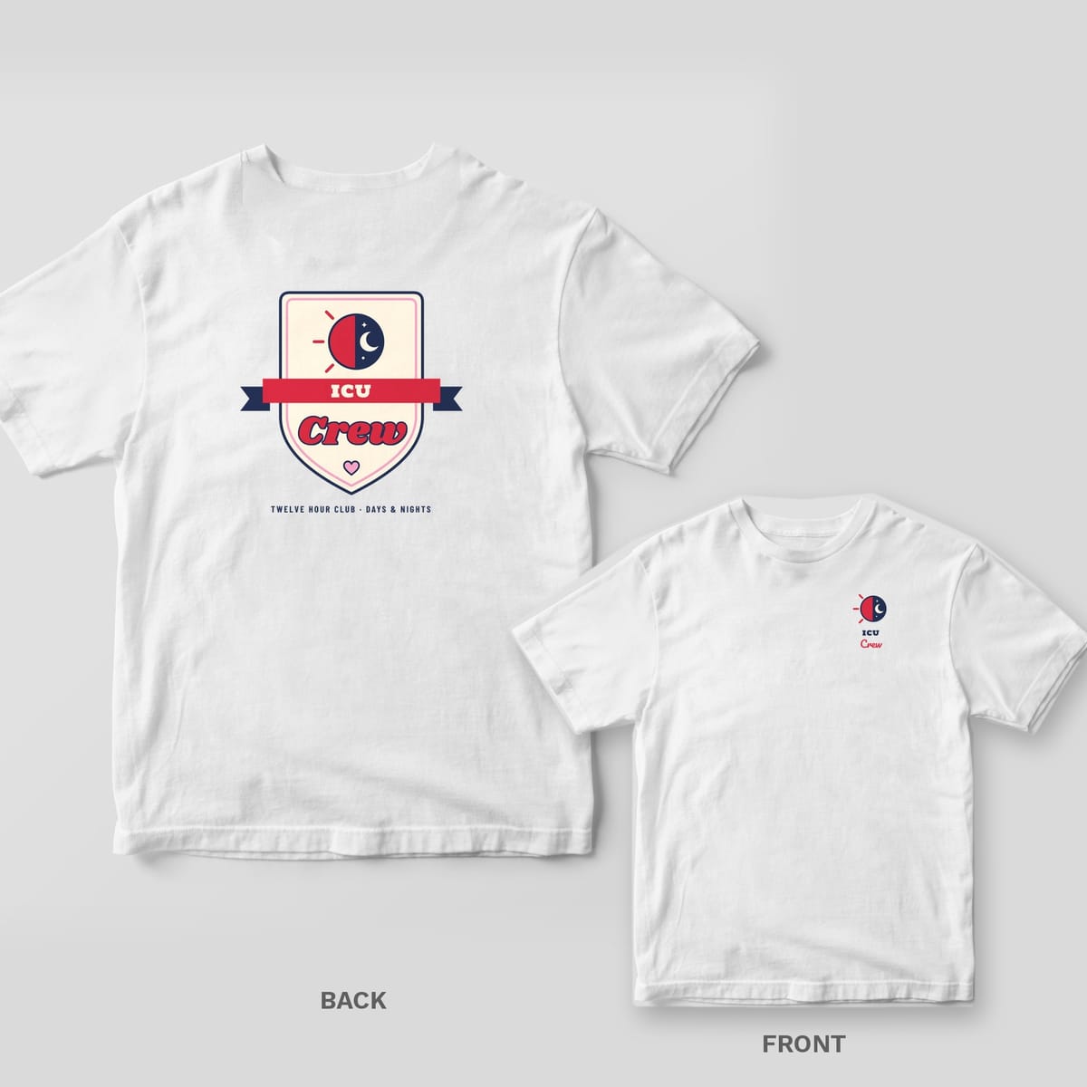 White T-shirt back with a cream shield crest reading ICU Crew on a red banner, plus a small matching chest print on the front