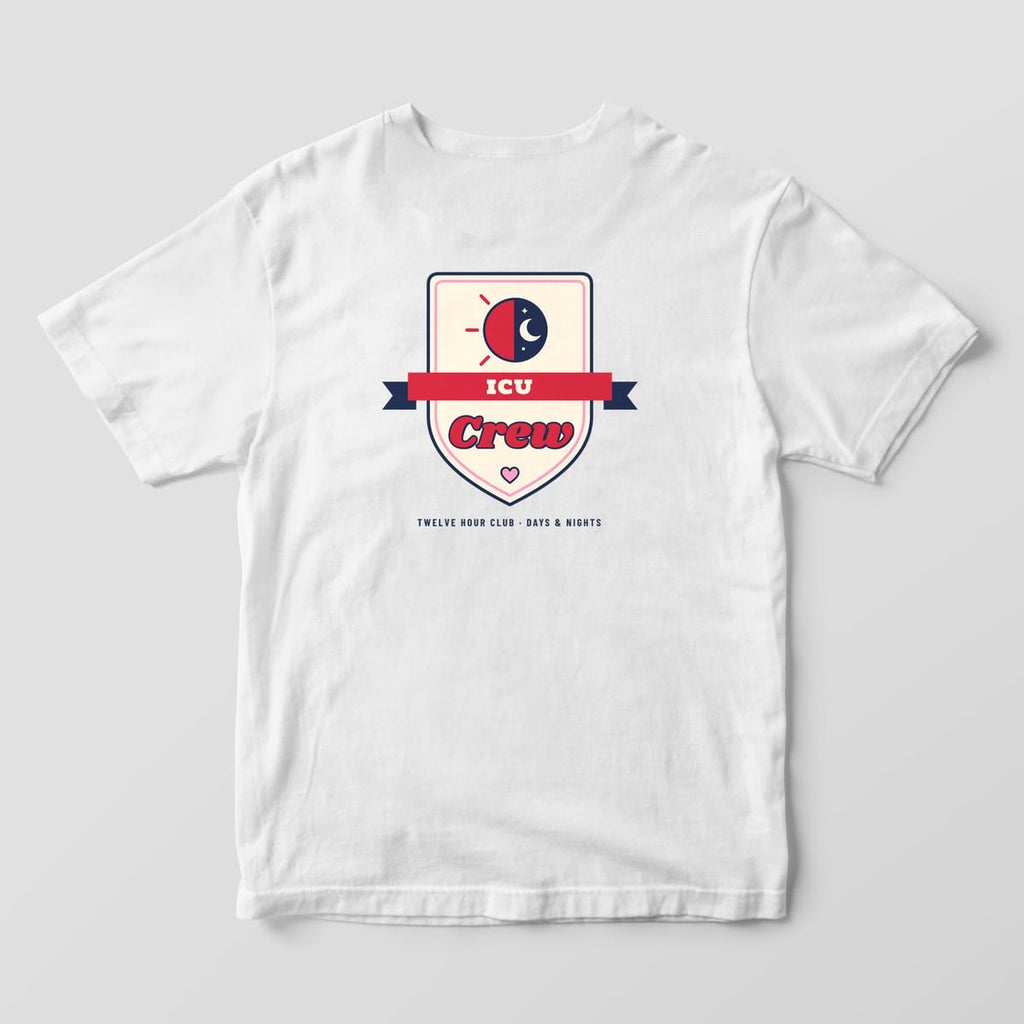 Back of a white Comfort Colors 1717 tee with a varsity shield, sun and moon shift icon, ICU banner and Crew script