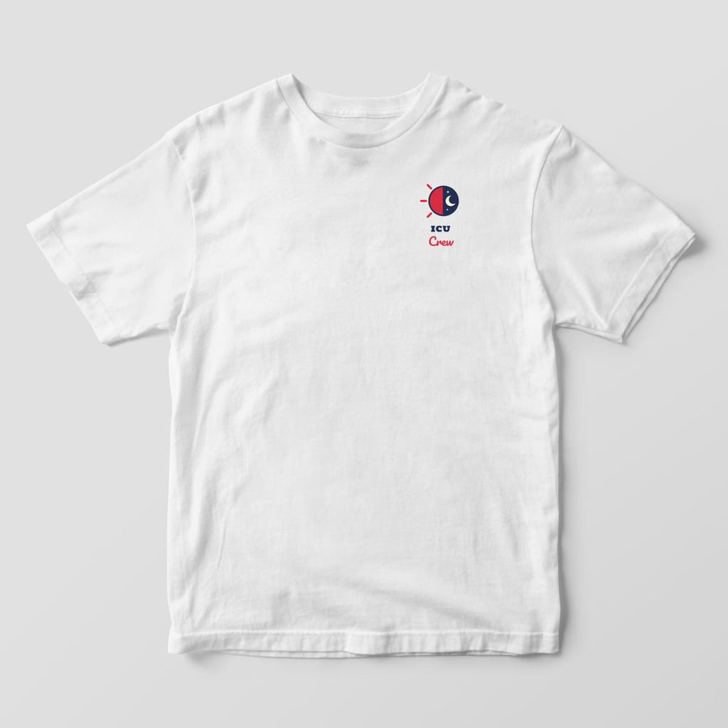 Front of a white Comfort Colors 1717 tee with a small half sun, half moon icon over ICU Crew on the left chest