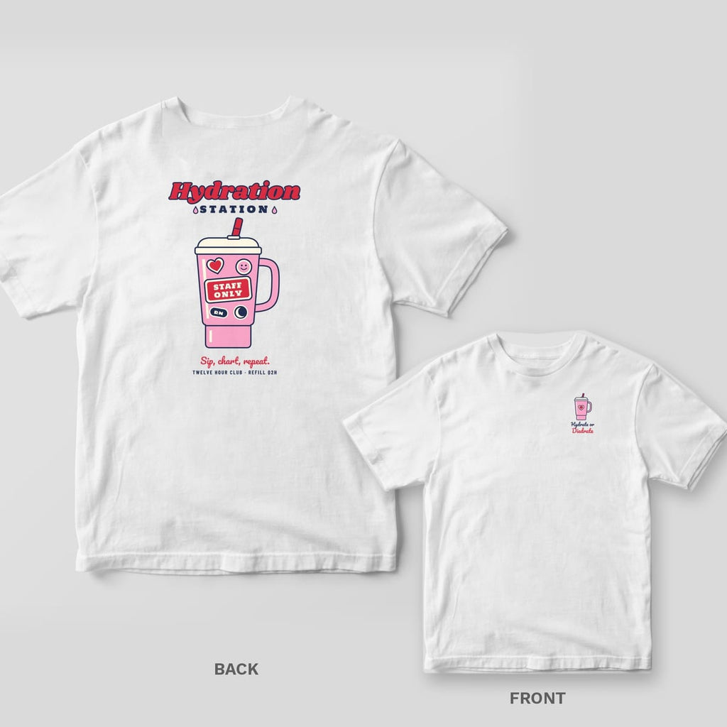White T-shirt back showing a big sticker-covered pink tumbler under Hydration Station, with a small tumbler and Hydrate or Diedrate on the front