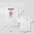 White T-shirt back showing a big sticker-covered pink tumbler under Hydration Station, with a small tumbler and Hydrate or Diedrate on the front
