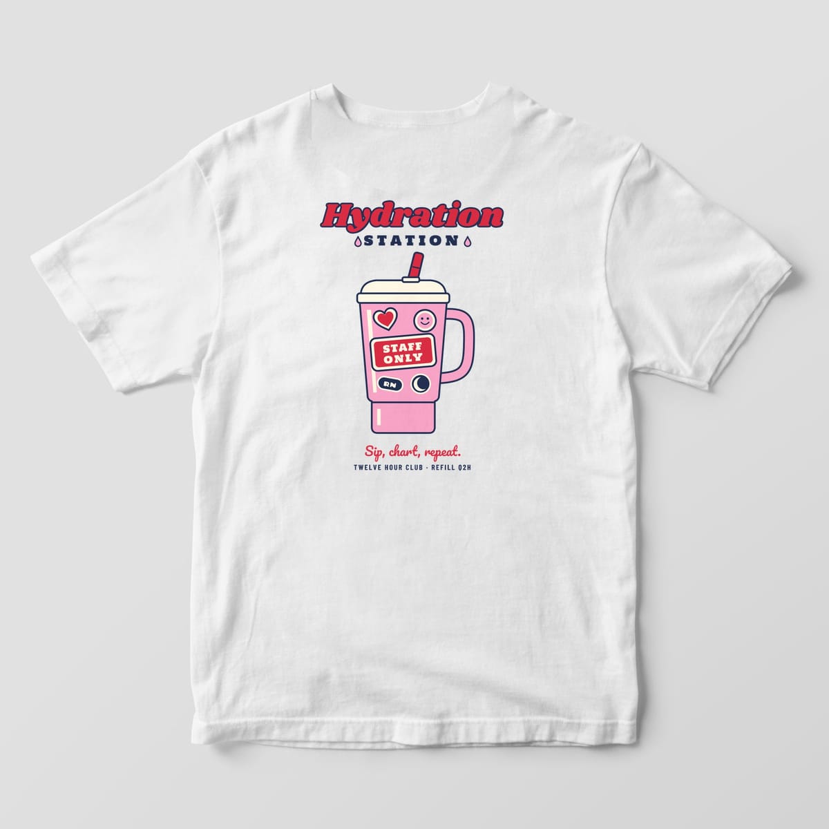 Back of a white Comfort Colors 1717 tee with the Hydration Station tumbler design