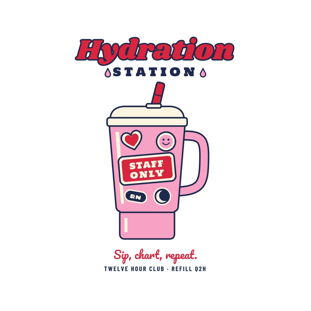 Close-up of the Hydration Station artwork showing the stickers and Staff Only label