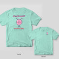 Chalky mint T-shirt back with a nervous cartoon bladder under Pee Break and never heard of her, plus a small bladder chest print