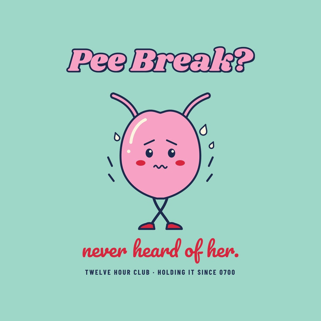 Close-up of the Pee Break artwork showing the sweating bladder with crossed legs