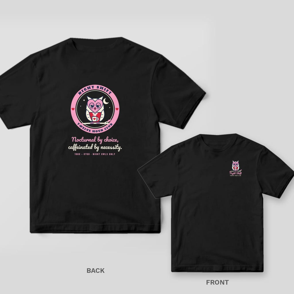 Black T-shirt back with a pink round Night Shift badge around a sleepy owl in scrubs, plus a small owl chest print