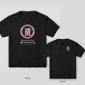 Black T-shirt back with a pink round Night Shift badge around a sleepy owl in scrubs, plus a small owl chest print