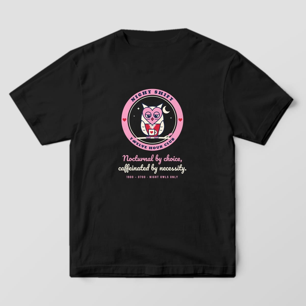 Back of a black Comfort Colors 1717 tee with the night owl badge and Nocturnal by choice script
