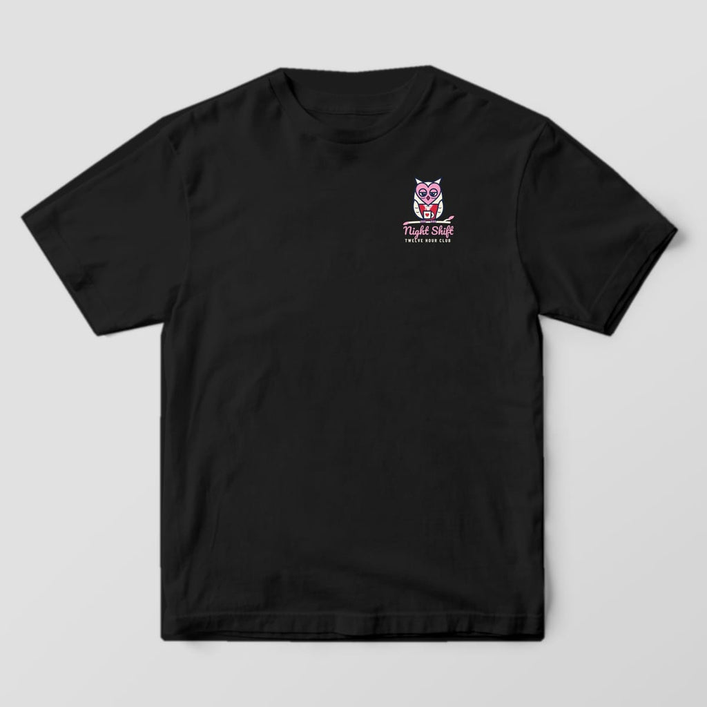 Front of a black Comfort Colors 1717 tee with a small owl and Night Shift script on the left chest