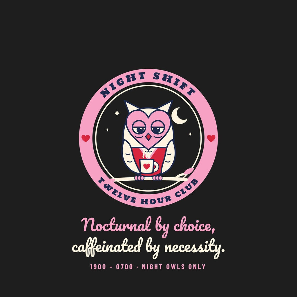 Close-up of the night owl badge artwork showing the owl, mug, moon and ring lettering