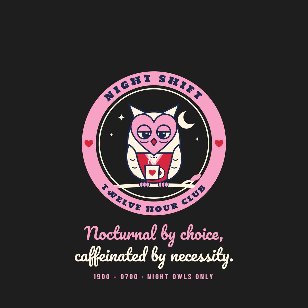 Close-up of the night owl badge artwork showing the owl, mug, moon and ring lettering