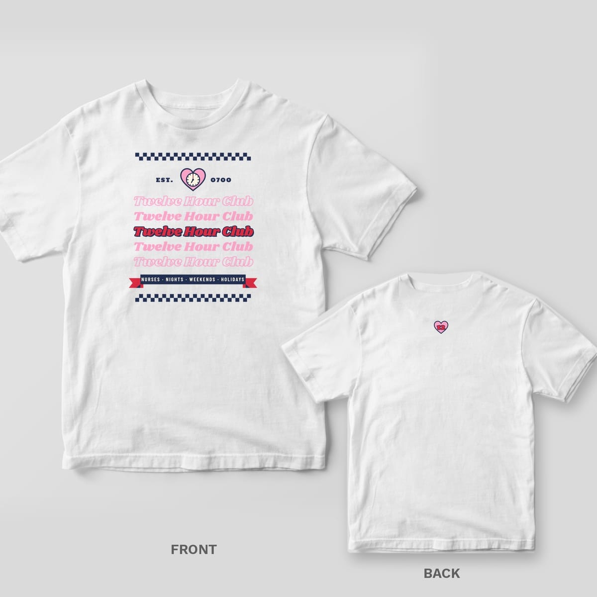 White T-shirt front with Twelve Hour Club stacked five times in pink and red between navy checkerboard bands, plus a small heart on the back neck