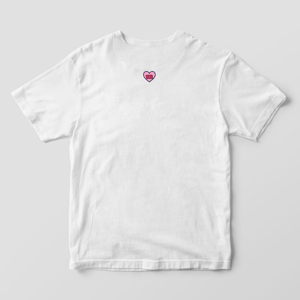 Back of a white Comfort Colors 1717 tee with a small pink 12 heart below the collar