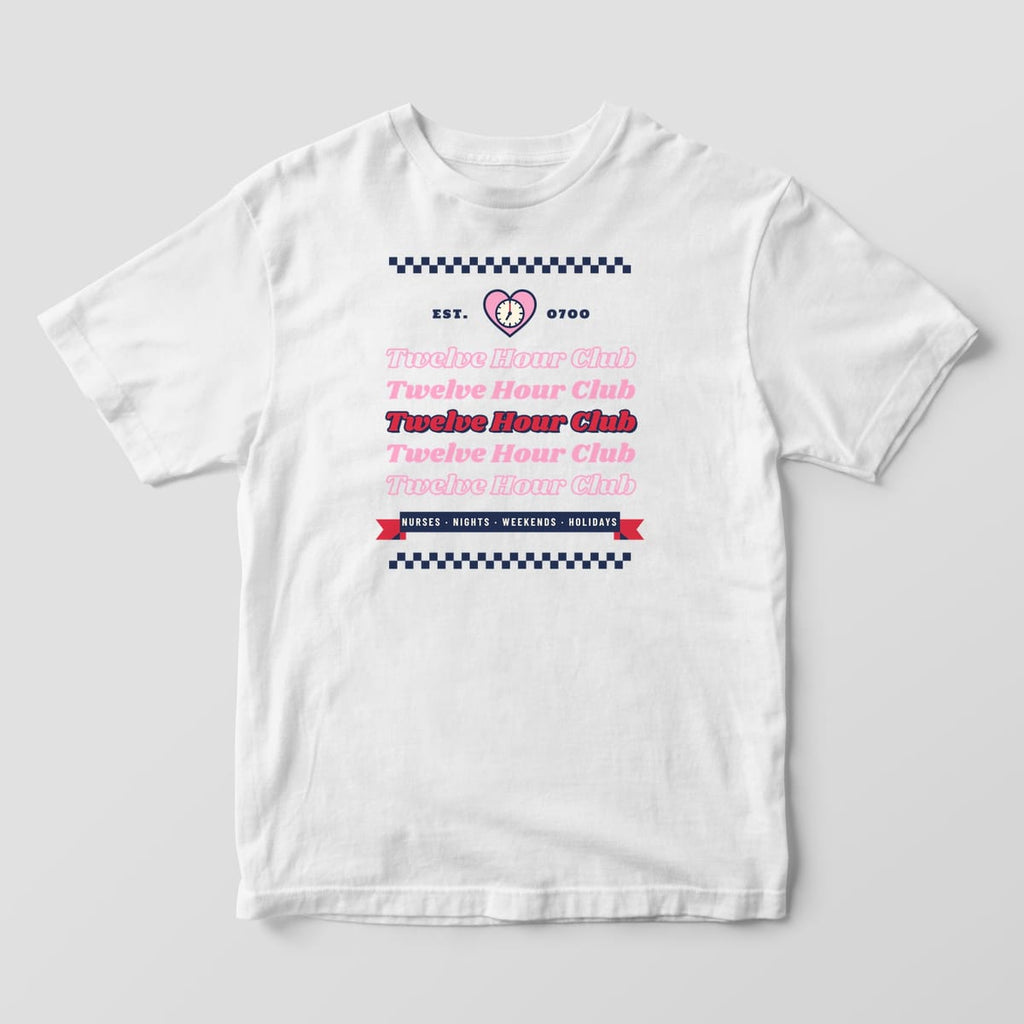 Front of a white Comfort Colors 1717 tee with the full Twelve Hour Club retro stack design
