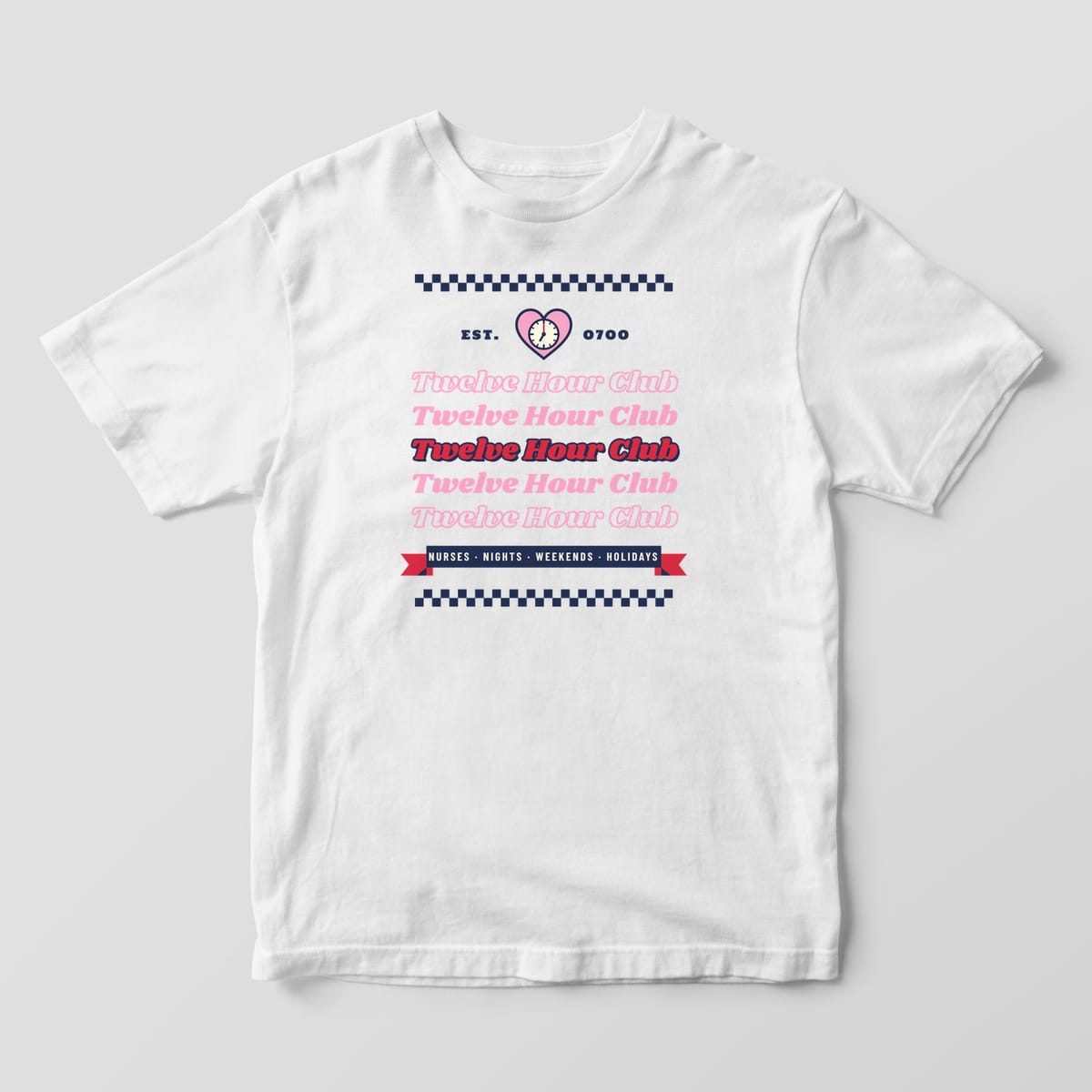 Front of a white Comfort Colors 1717 tee with the full Twelve Hour Club retro stack design
