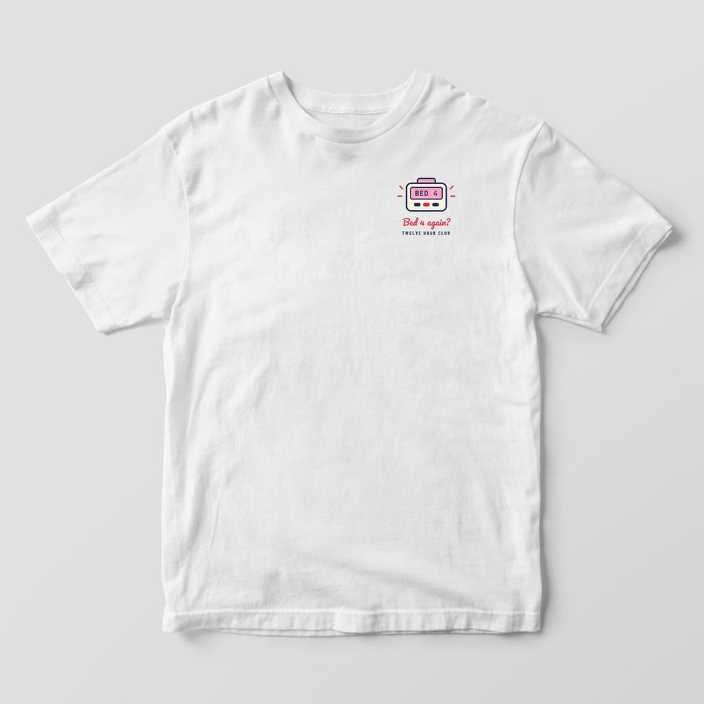 Front of a white Comfort Colors 1717 tee with a small pager and Bed 4 again on the left chest