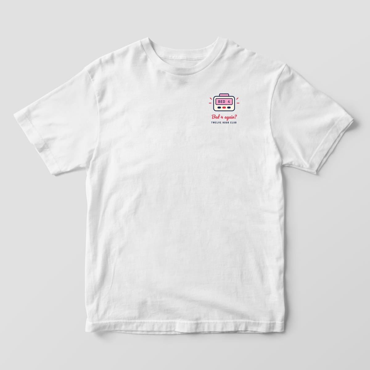Front of a white Comfort Colors 1717 tee with a small pager and Bed 4 again on the left chest