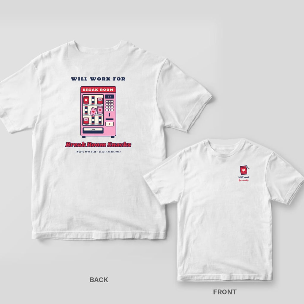 White T-shirt back with a pink Break Room vending machine under Will Work For, plus a small snack bag chest print