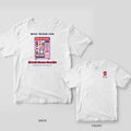White T-shirt back with a pink Break Room vending machine under Will Work For, plus a small snack bag chest print