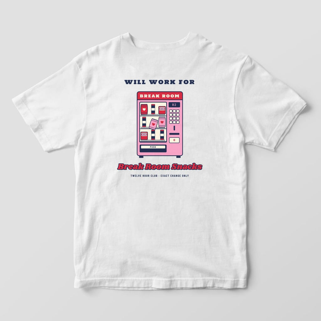Back of a white Comfort Colors 1717 tee with the Break Room Snacks vending machine design