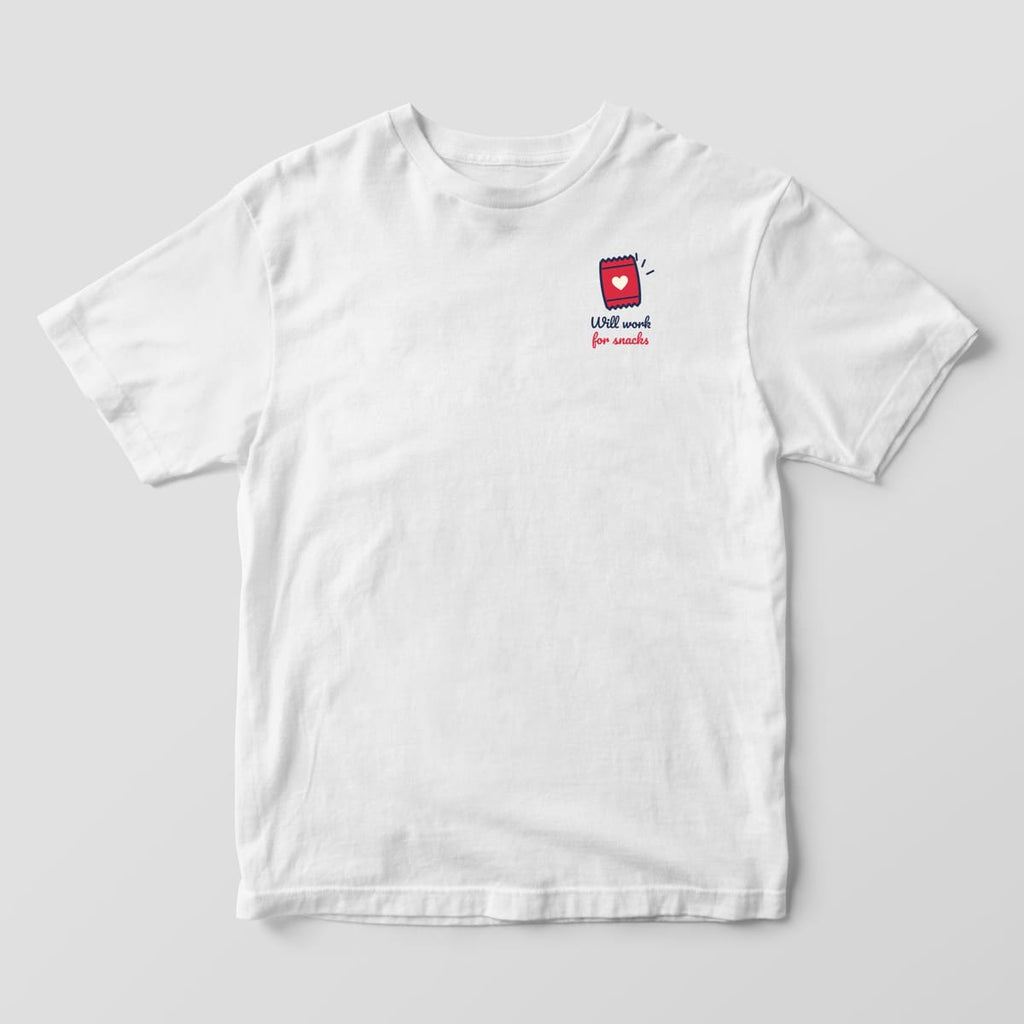 Front of a white Comfort Colors 1717 tee with a small chip bag and Will work for snacks on the left chest